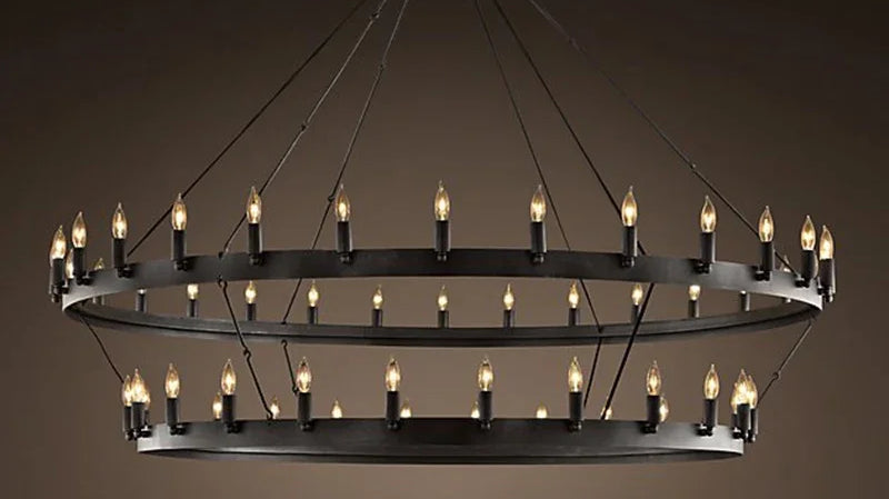 Vintage industrial iron pendant lamp in a cafe interior