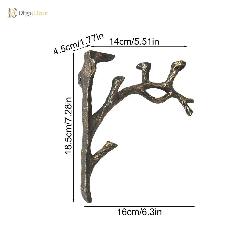 Dimension chart for two iron tree-branch shelf brackets, dark bronze; size shown
