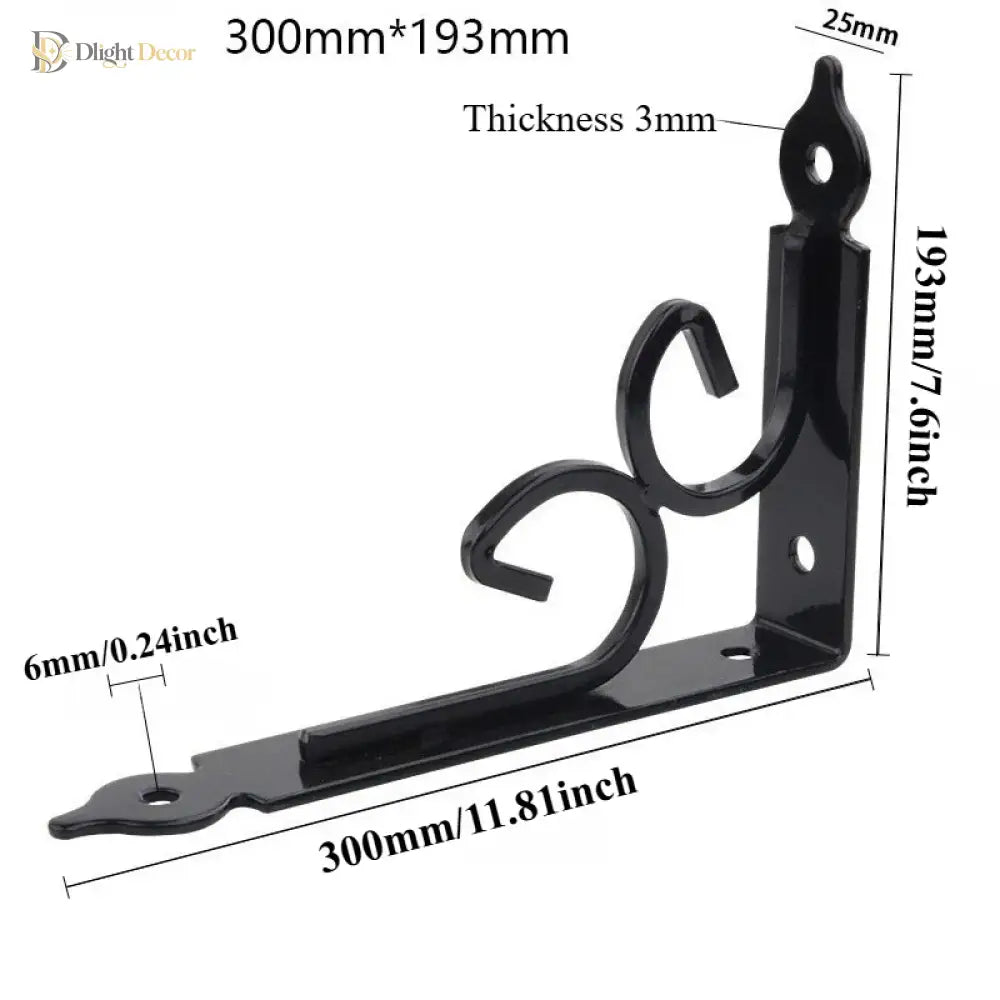 Black triangular shelf bracket with scroll arm; size diagram shows 300 x 193 mm