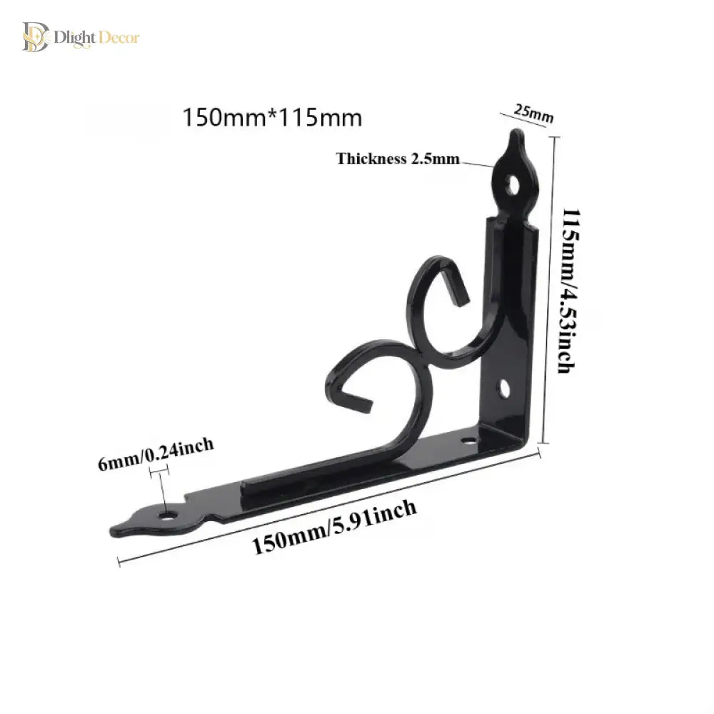 Black triangular shelf bracket with scroll arm; size diagram shows 150 x 115 mm