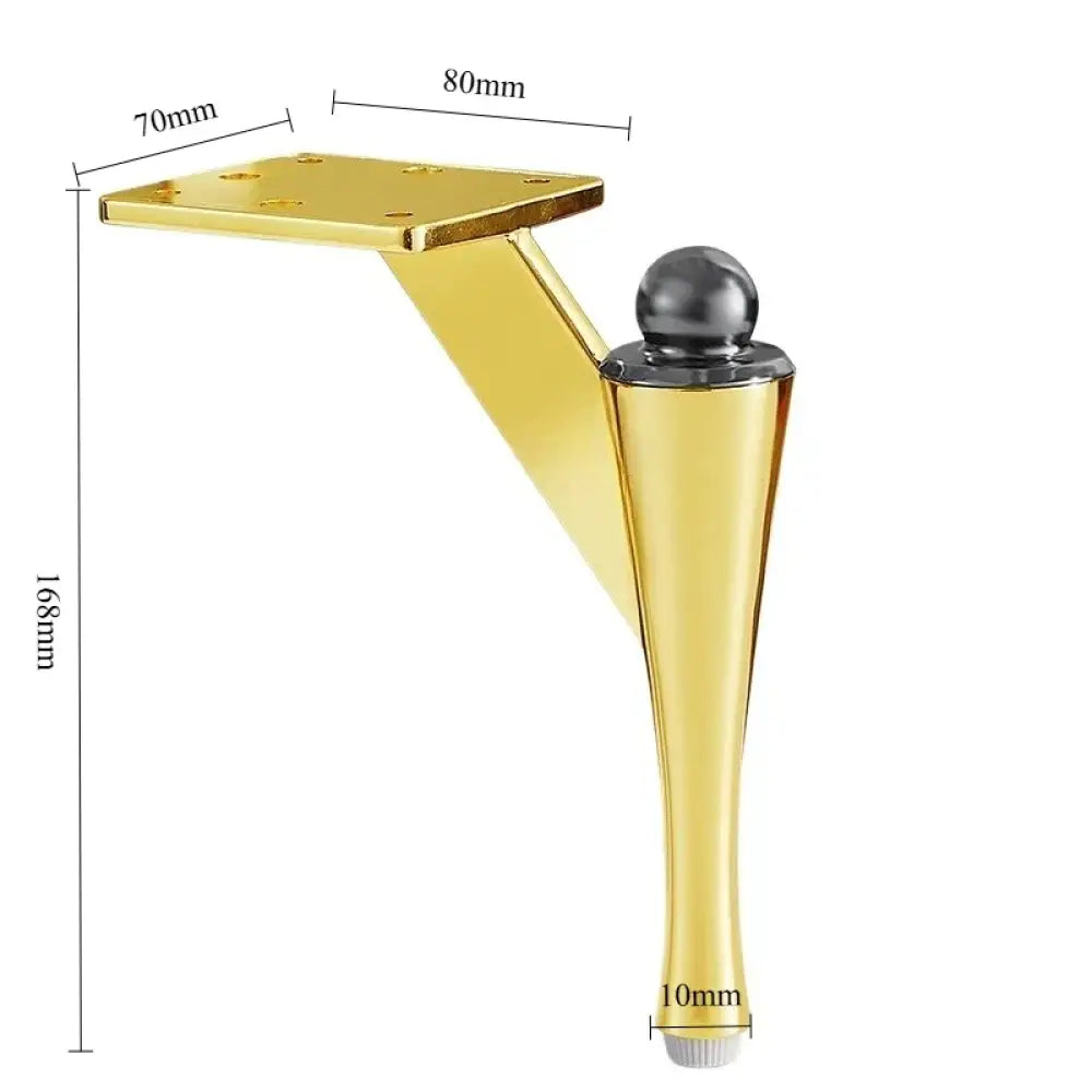 Gold furniture leg dimension diagram with square mounting plate and ball top