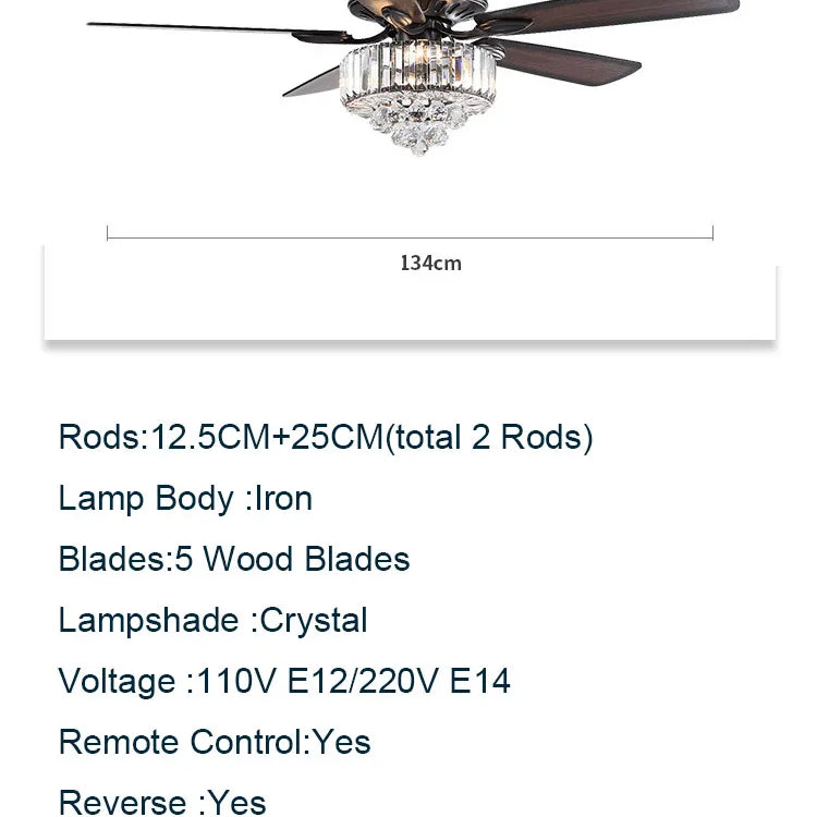 American Stye Black Crystal Follower Design Ceiling Fans With Light 110V 220V Wood Blades Remote
