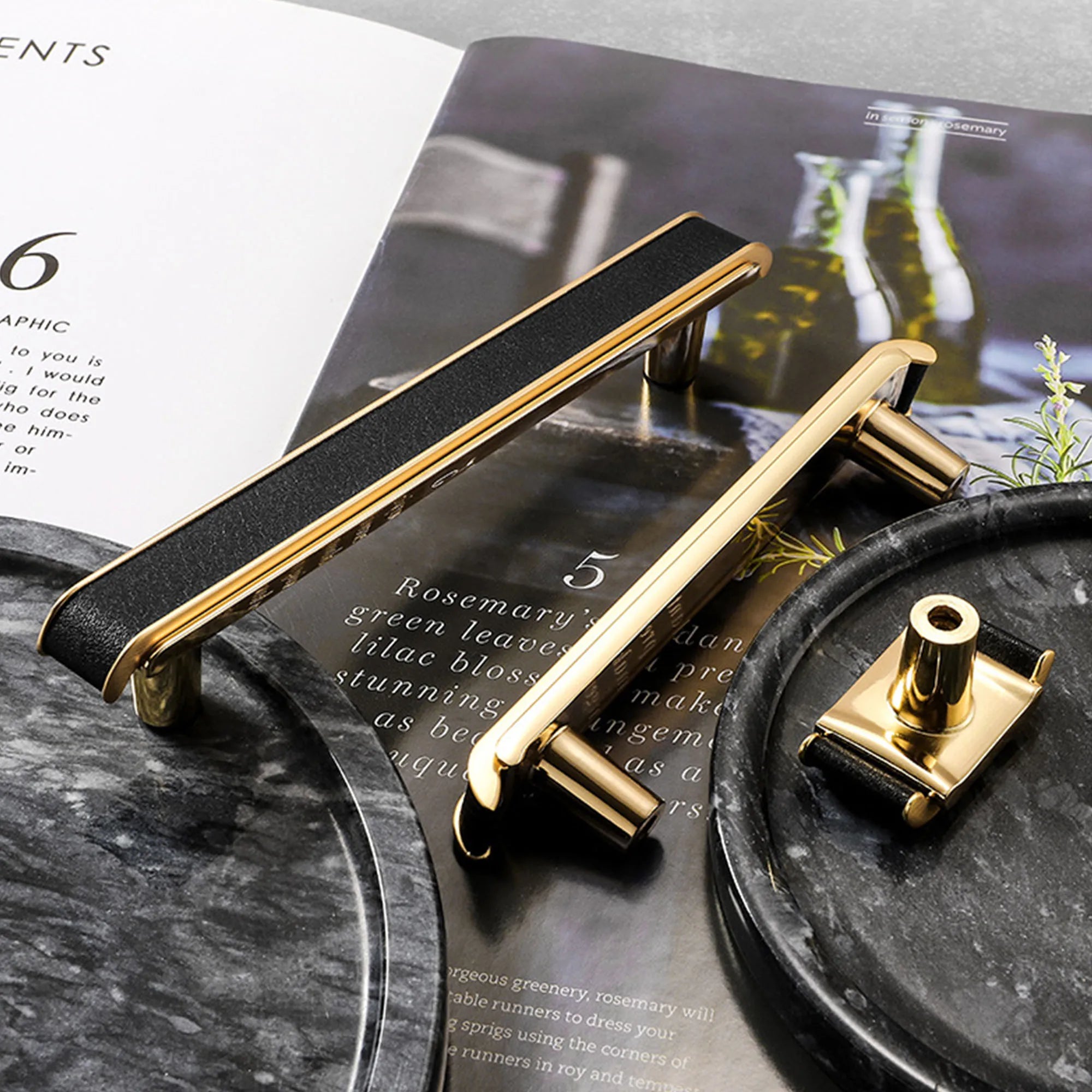 Black Leather and Gold Zinc Alloy Cabinet Handle – Luxury Drawer Pull for Wardrobes and Dressers (128mm) Handles