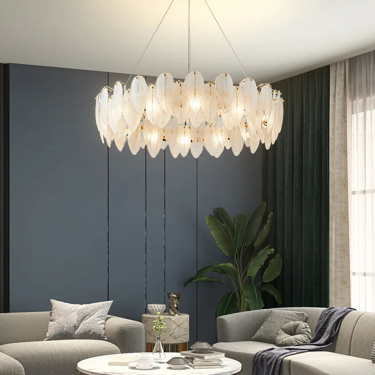 Unique Goose Feather Led Chandelier - Artistic White Glass Designer Lighting Fixture For Foyer And