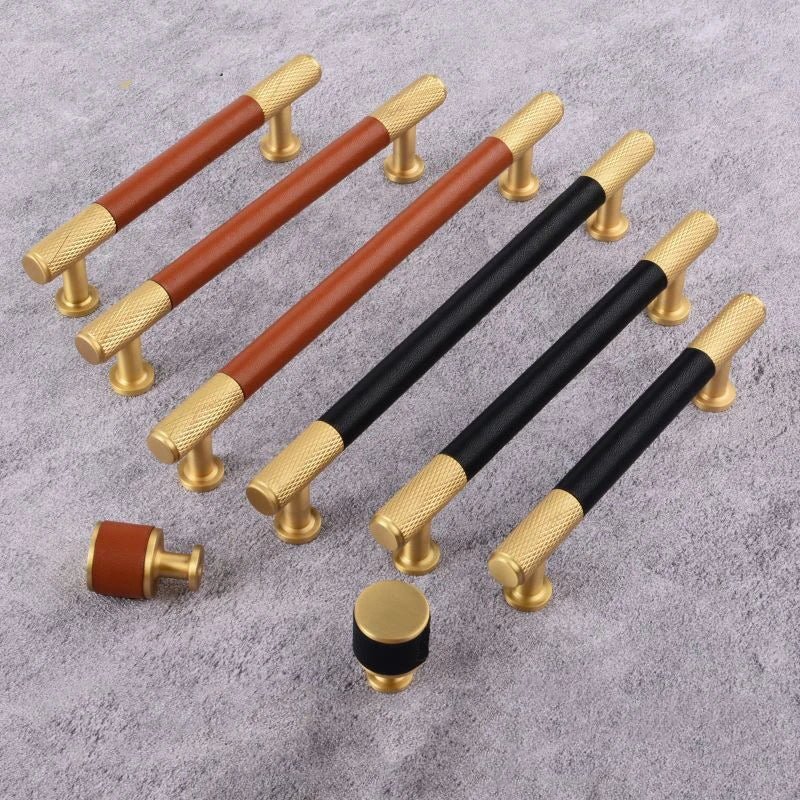 Brown/Black Leather Handles – Brass Knurled Cabinet Bar Handles and Furniture Knobs Handle
