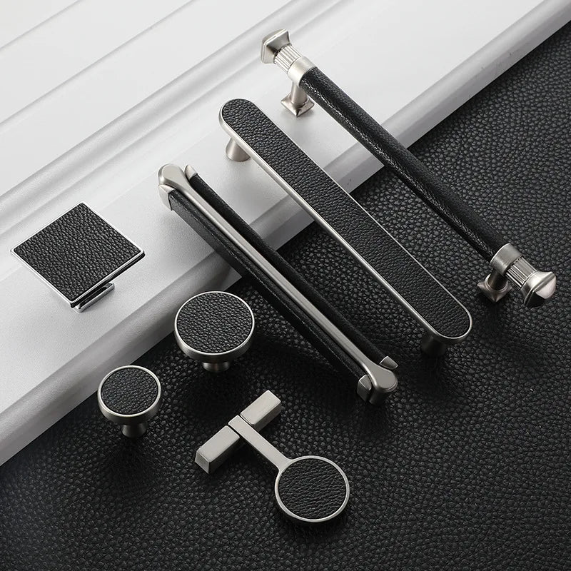 Modern Leather and Zinc Alloy Cabinet Handle – Elegant Drawer Pulls for Kitchen Wardrobe and Furniture (96mm) Handles