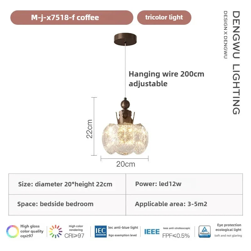Brown hanging LED light with frosted glass shade and adjustable hanging wire, diagram