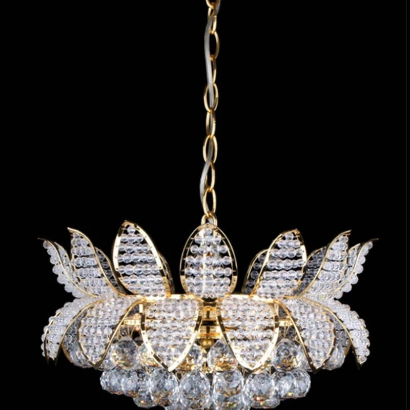 Lotus crystal chandelier with gold frame and faceted clear crystal drops