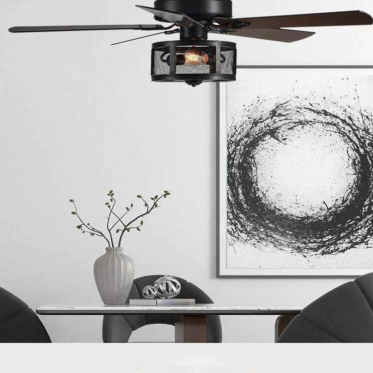 Ceiling Fans With Light Drum Style Retro Black 5 Wood Blades Reverse Dc 110V 220V Lamp Remote