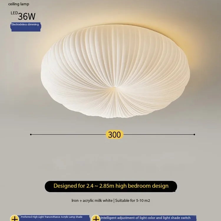 Cream ribbed fabric flush-mount ceiling light with round dome shade