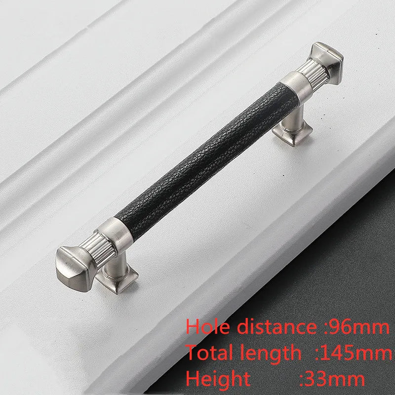 Modern Leather and Zinc Alloy Cabinet Handle – Elegant Drawer Pulls for Kitchen Wardrobe and Furniture (96mm) black