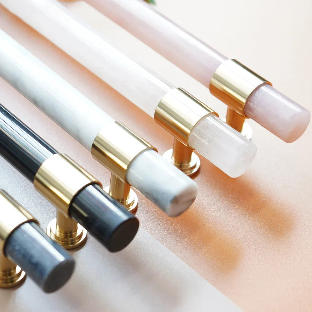 Natural Marble and Crystal T-Bar Cabinet Handles – Modern Brass Knobs for Kitchen Dresser and Furniture Pulls Handles