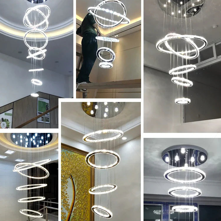 Modern Luxury Crystal Staircase Chandelier - Rings Design For Loft Villa And Lobby Indoor Lighting