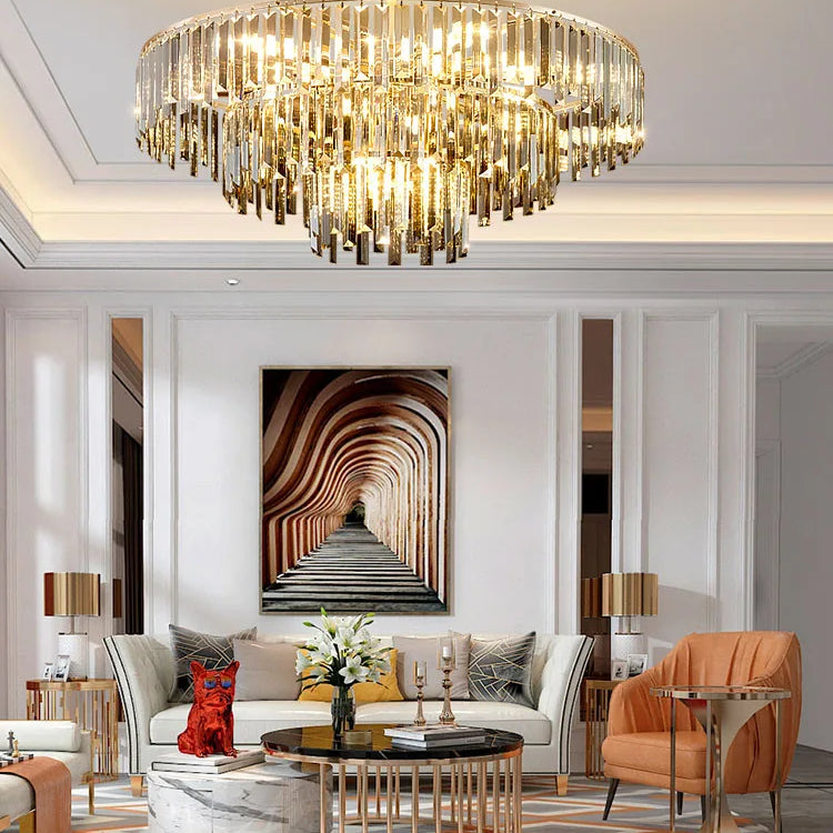 Elegant Modern Crystal Gold Chandelier - Round Smoked Gray Design Perfect For Luxury Living Rooms