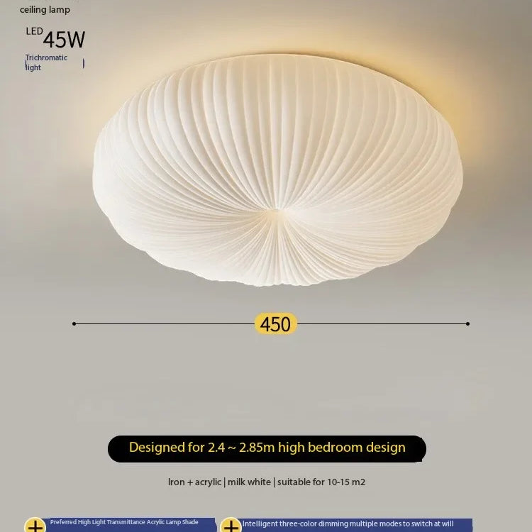 Cream ribbed fabric ceiling light with round dome shade on the ceiling