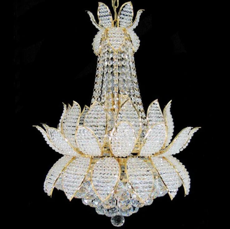 Lotus-inspired gold crystal chandelier with clear faceted petals and crystal drops