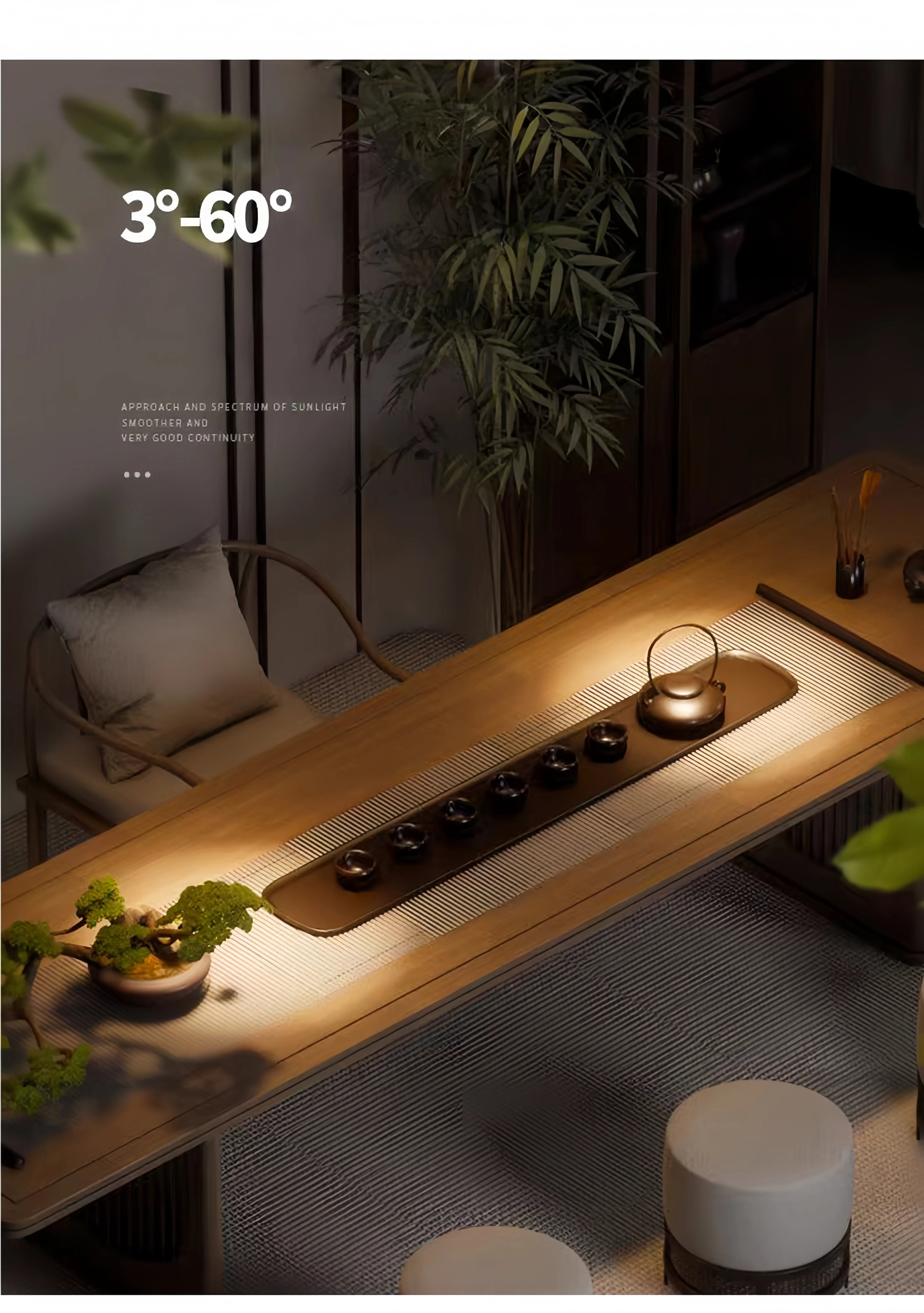 Adjustable LED zoom spotlight projecting a warm beam onto a sofa and rug in a room