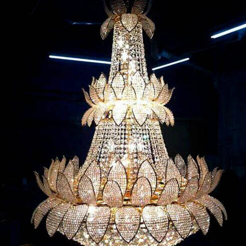 Gold and clear crystal chandelier with tiered lotus design, faceted petals