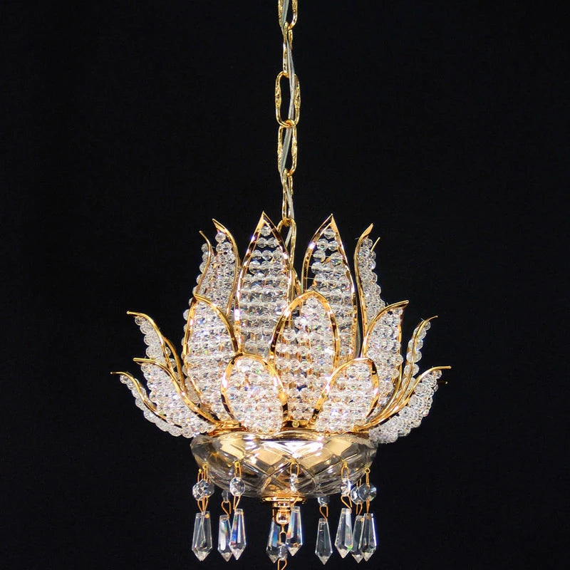 Gold crystal chandelier with lotus centerpiece and dangling clear crystal ornaments