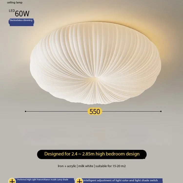 Cream ribbed dome flush-mount ceiling light with round fabric shade