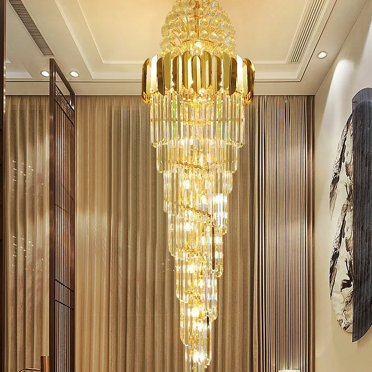 Luxurious Interior Hall Stairwell Golden Chandelier - Modern Elegance With Clean Crystal Ball