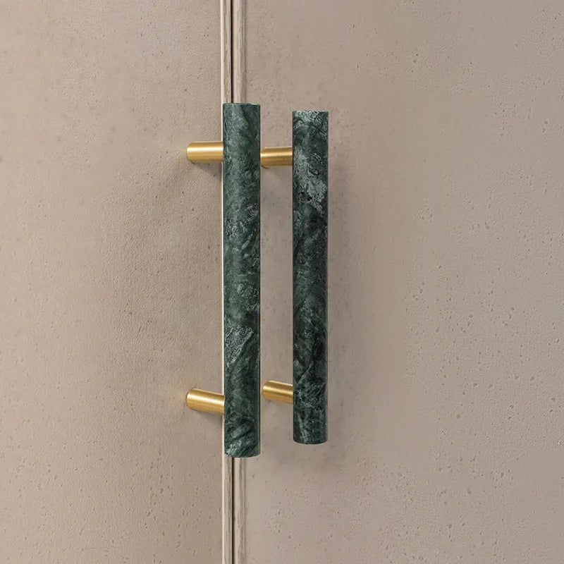 Green and White Marble Cabinet Handle – Luxury Natural Stone Drawer Pulls with Brass Base (50mm-200mm) Handles