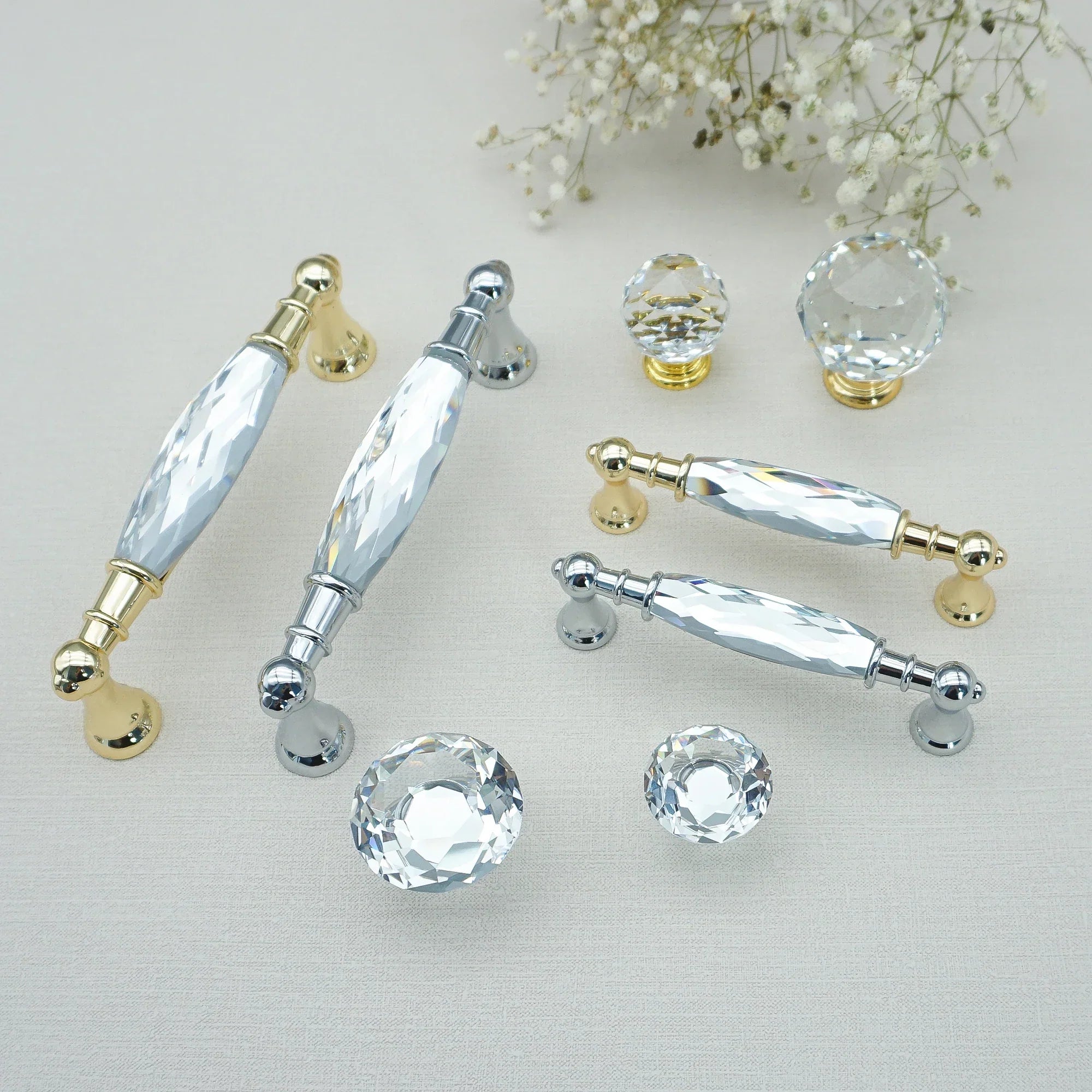 Luxury Gold Chrome Cabinet Handles – Modern Zinc Alloy and Crystal Glass Drawer Knobs for Wardrobes and Dressers Handles