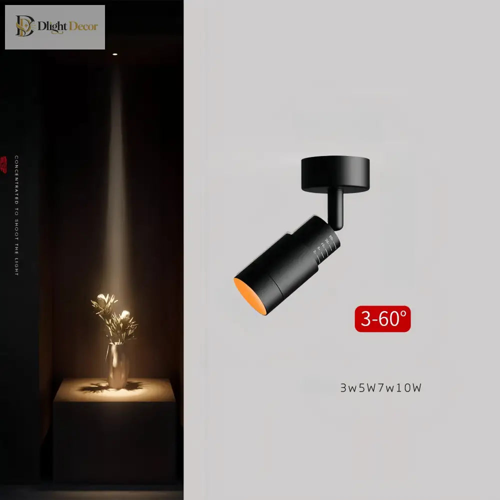 Black adjustable LED zoom spotlight with warm cone light beam, 3°–60° range