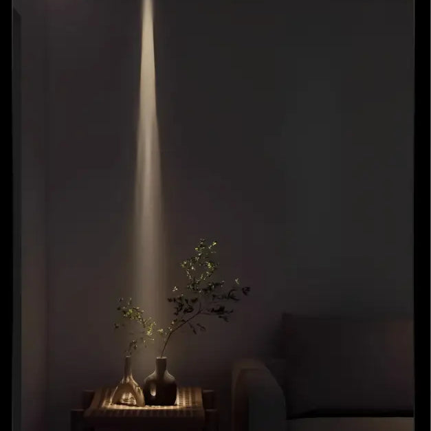 Adjustable LED zoom spotlight casting a narrow warm light beam on a console table plant