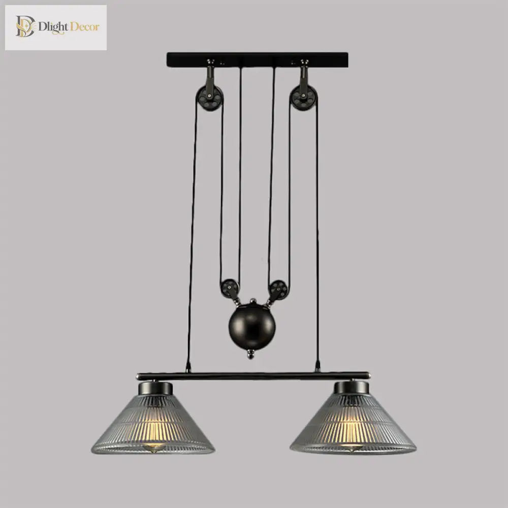 Adjustable Pulley Industrial Cone Pendant With Prismatic Glass - Black 2/3 - Light Island Lamp