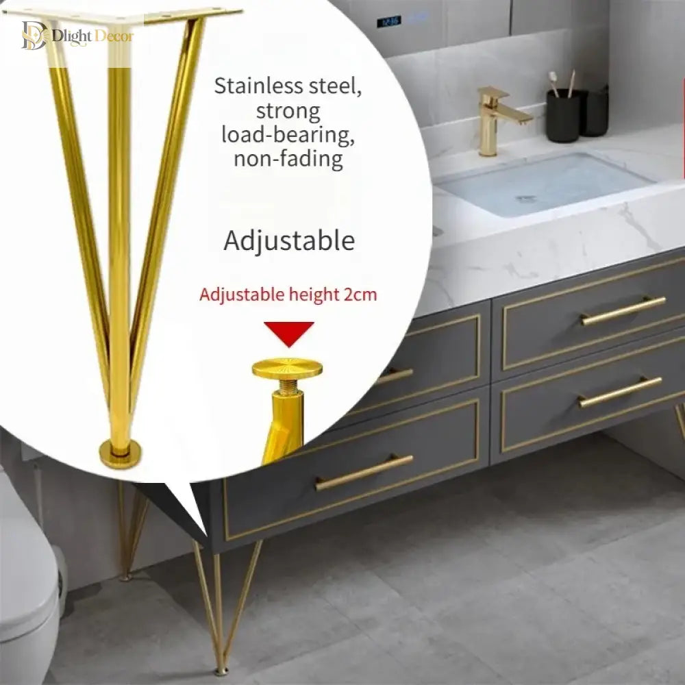 Gold triangular adjustable table leg set with flat mounting plate and round floor feet