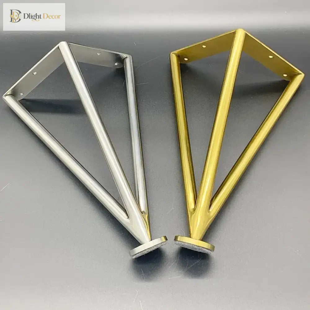 Stainless steel triangular table legs, gold and silver finishes with mounting plates