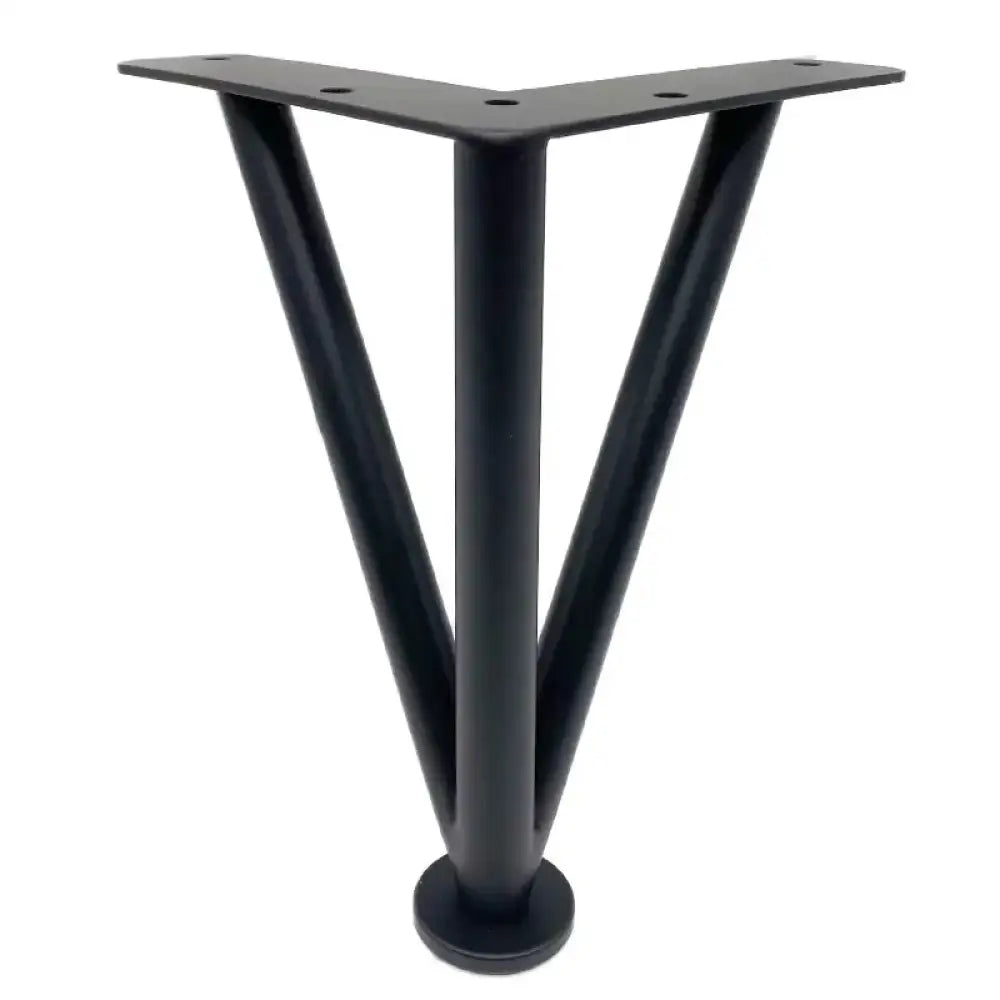 Black triangular metal furniture leg with top mounting plate and round base foot