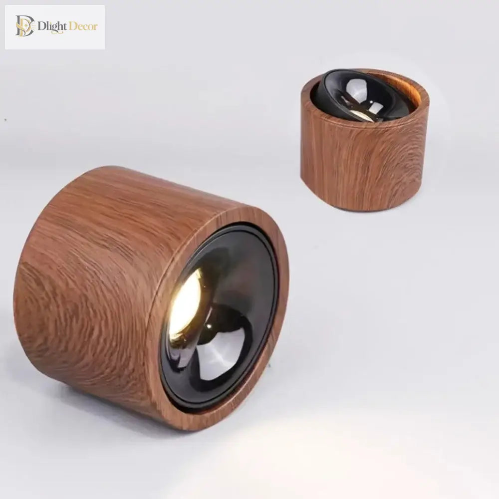 Walnut wood-grain LED spotlights, cylindrical housing with dark lens and chrome face