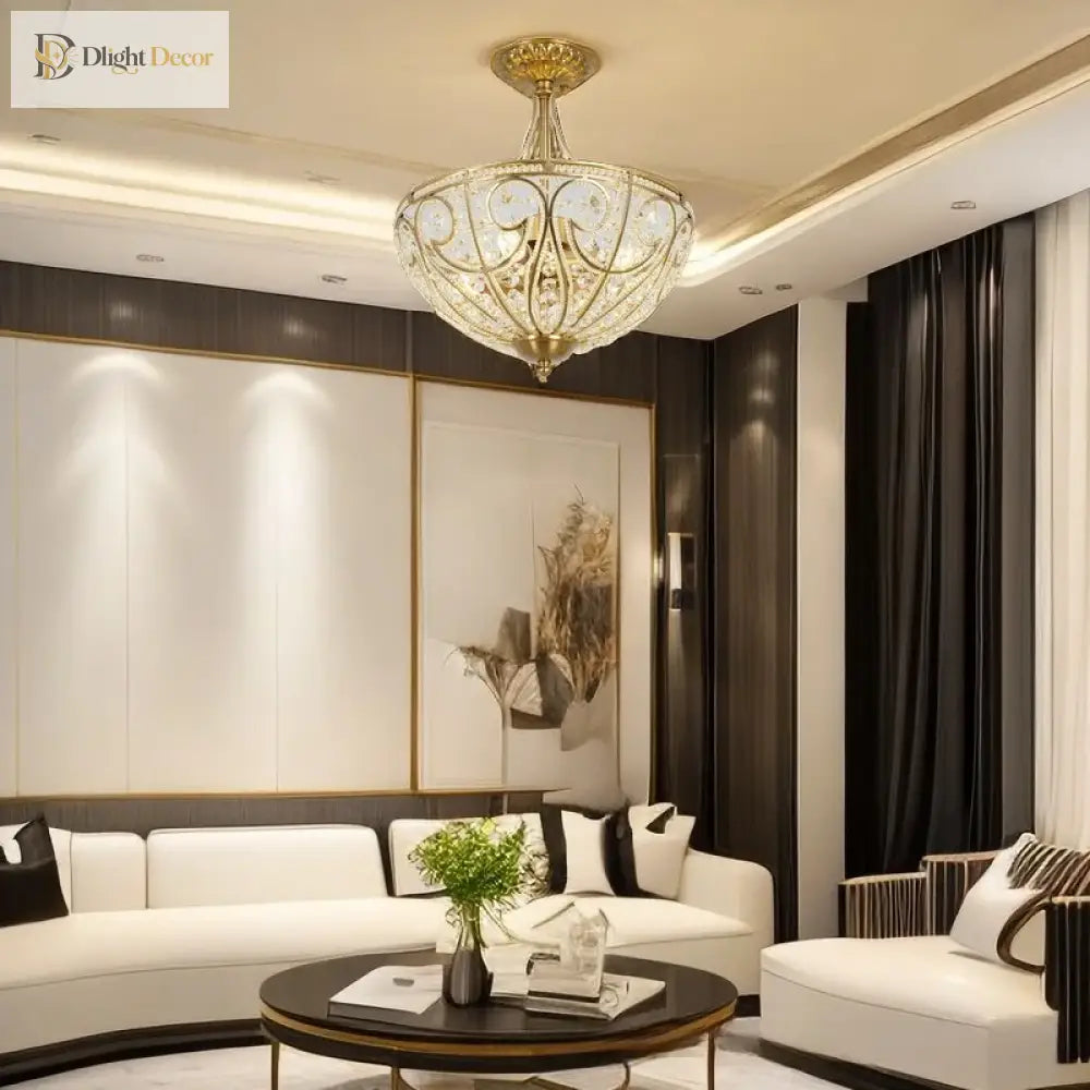 Gold-tone ornate flush-mount chandelier with crystal-style shade and decorative scrolling details