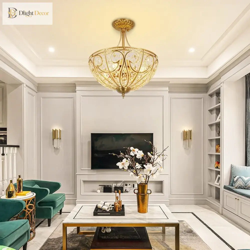 Gold-tone flush-mount chandelier with crystal-style glass panels and decorative metal frame