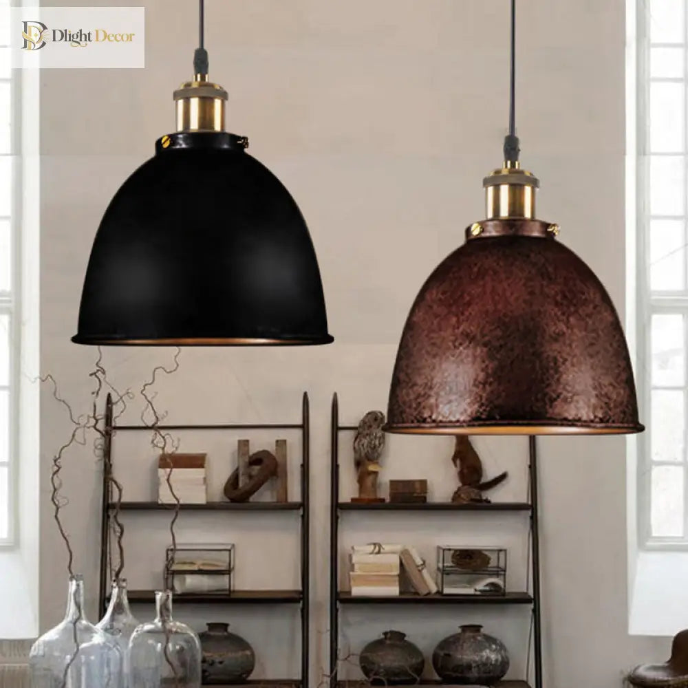 Antique Style Dome Pendant Lamp 1 Light Wrought Iron Hanging Fixture With Cord In Black/Rust