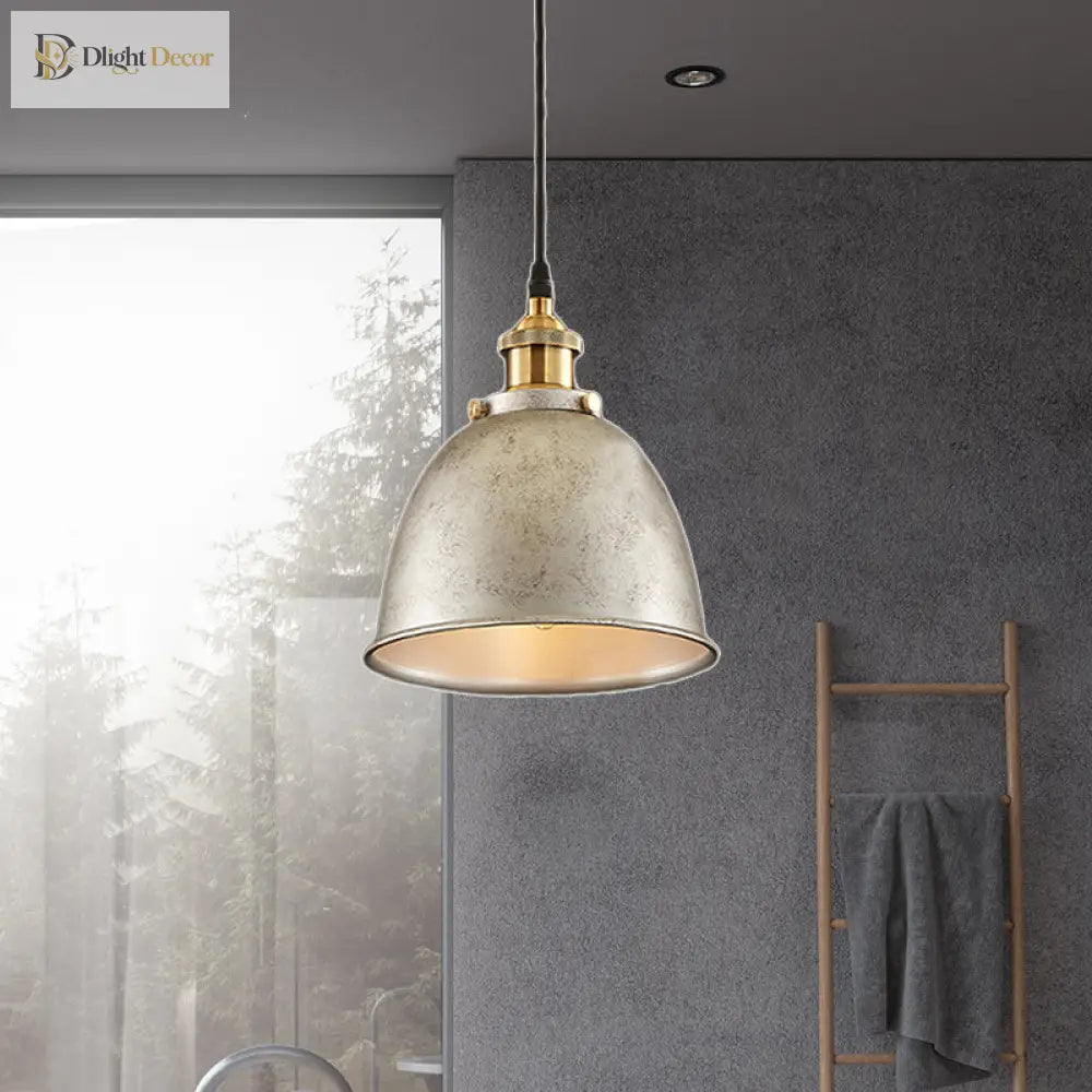 Antique Style Dome Pendant Lamp 1 Light Wrought Iron Hanging Fixture With Cord In Black/Rust