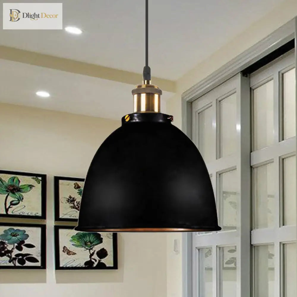 Antique Style Dome Pendant Lamp 1 Light Wrought Iron Hanging Fixture With Cord In Black/Rust