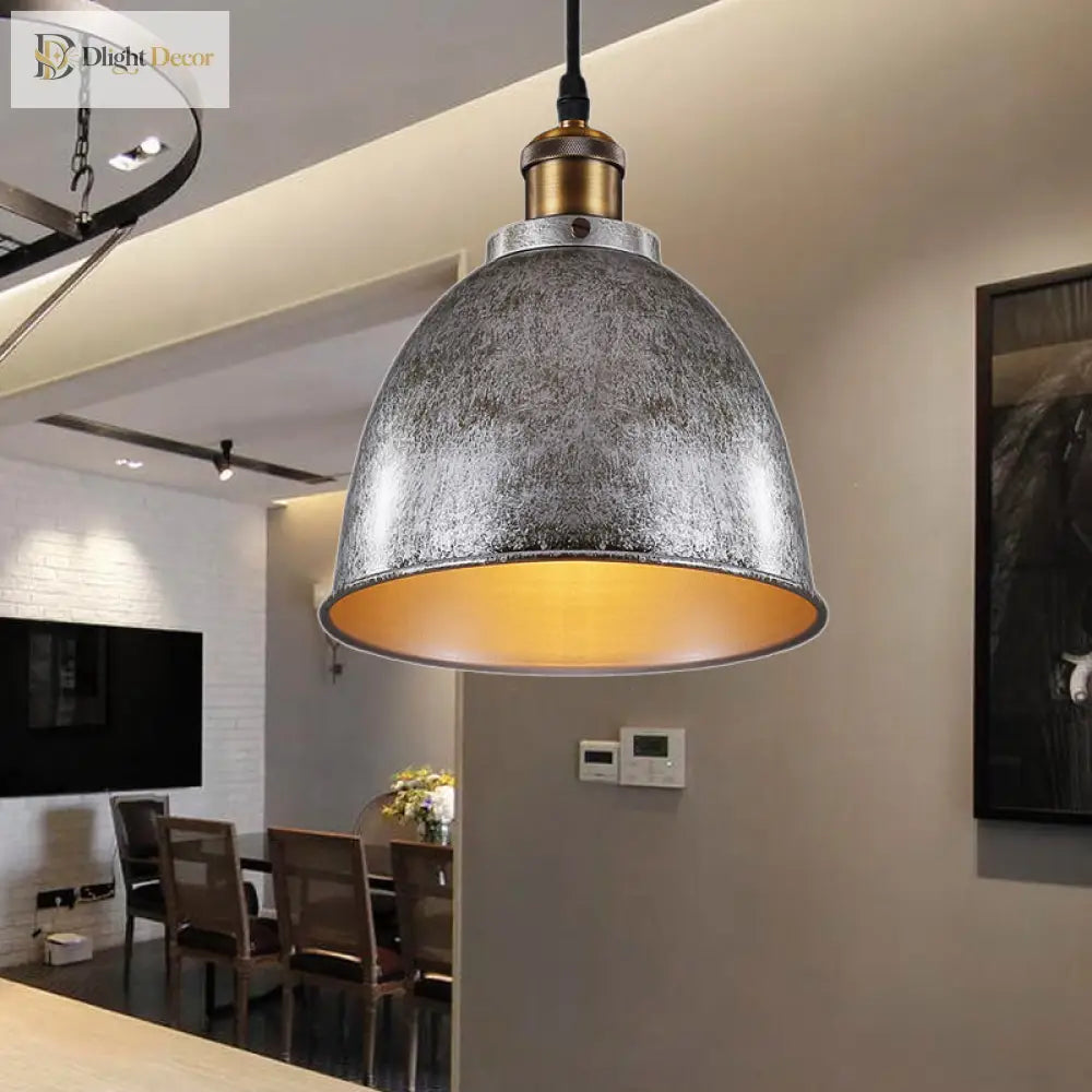 Antique Style Dome Pendant Lamp 1 Light Wrought Iron Hanging Fixture With Cord In Black/Rust