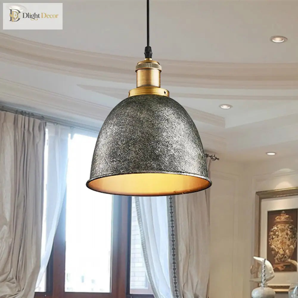 Antique Style Dome Pendant Lamp 1 Light Wrought Iron Hanging Fixture With Cord In Black/Rust