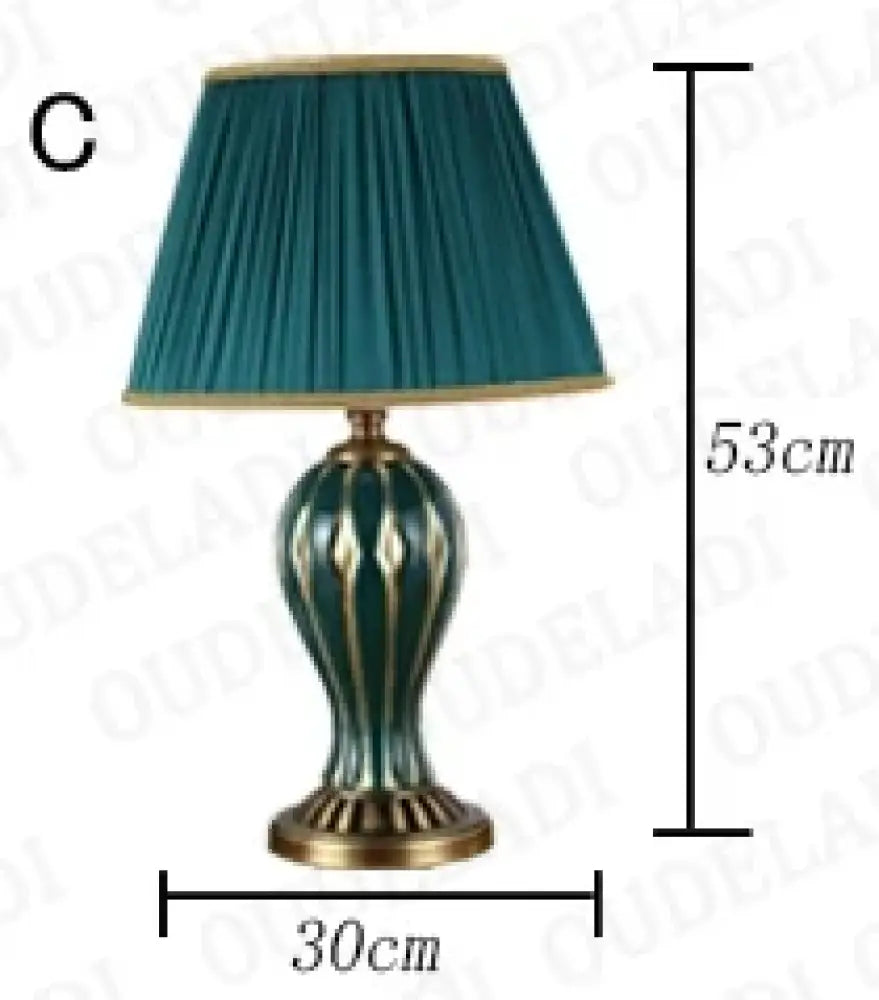 Antique ceramic LED desk lamp, dark teal shade; 30cm wide and 53cm tall