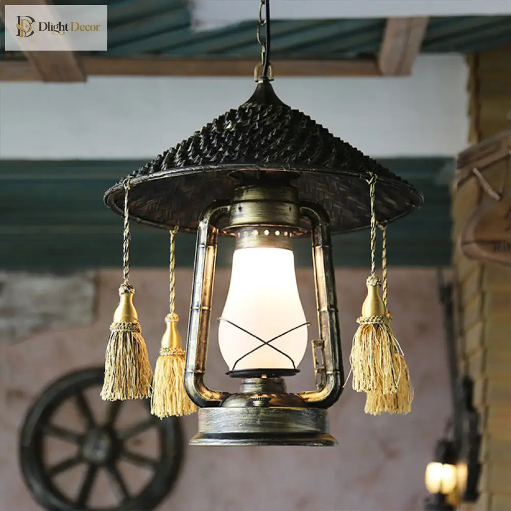 Ashley Rustic Elegance: Bronze Pendant Lamp With Cream Glass Shade Lighting