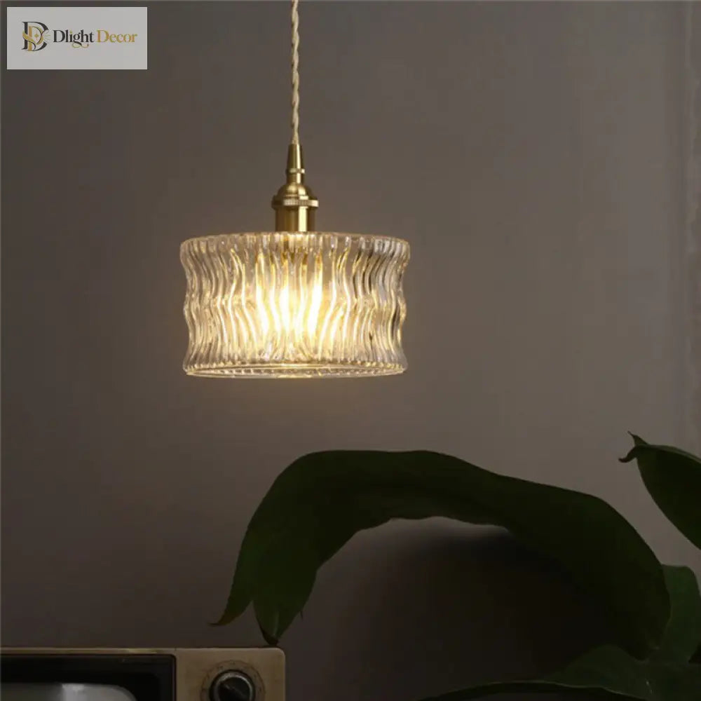 Aurora Gold Cylindrical Ribbed Glass Pendant Lamp - Elegant Clear Ceiling Light For Sitting Rooms