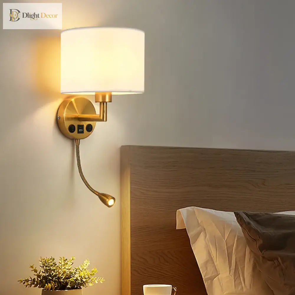 Bedside Wall Lamp With Rotating Spotlight - Modern Fabric Lampshade Reading Sconce For Bedroom Home