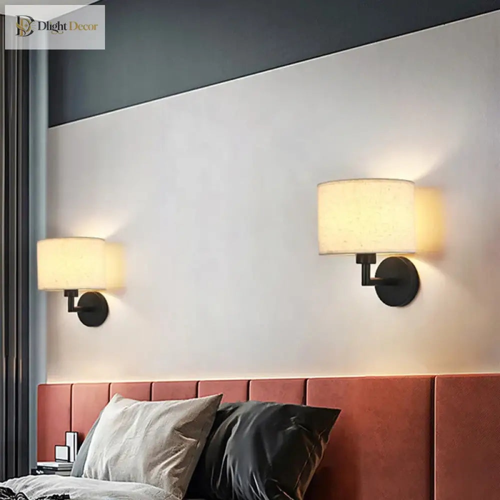 Bedside Wall Lamp With Rotating Spotlight - Modern Fabric Lampshade Reading Sconce For Bedroom Home