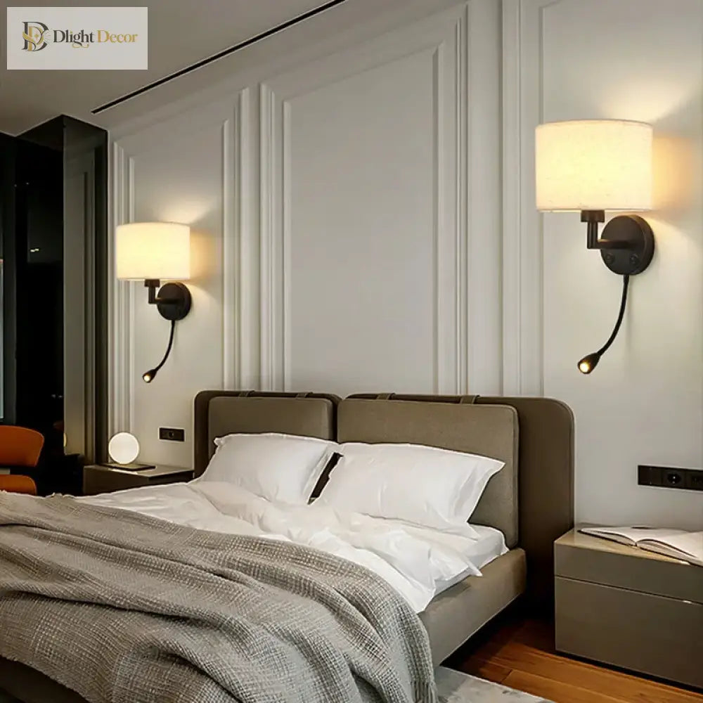 Bedside Wall Lamp With Rotating Spotlight - Modern Fabric Lampshade Reading Sconce For Bedroom Home