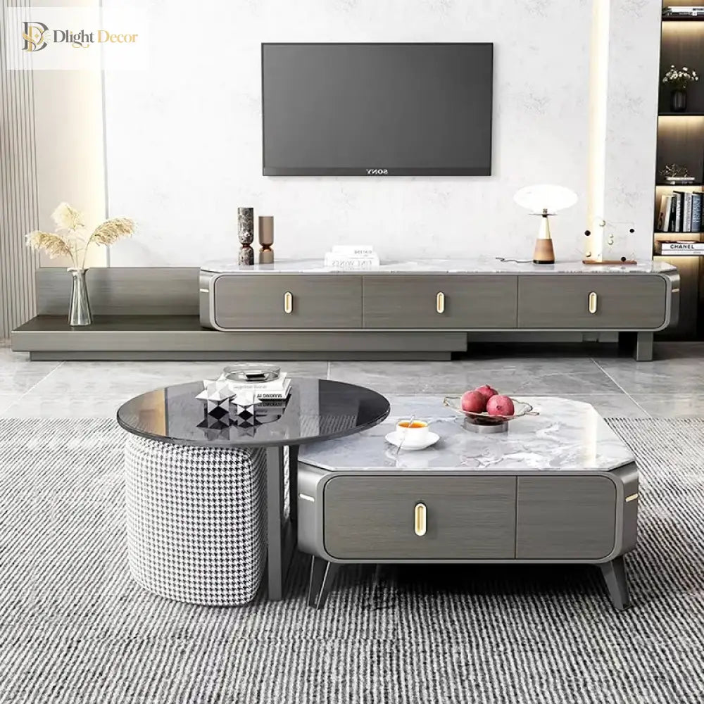 Silvery metal furniture legs supporting a low media console and coffee table