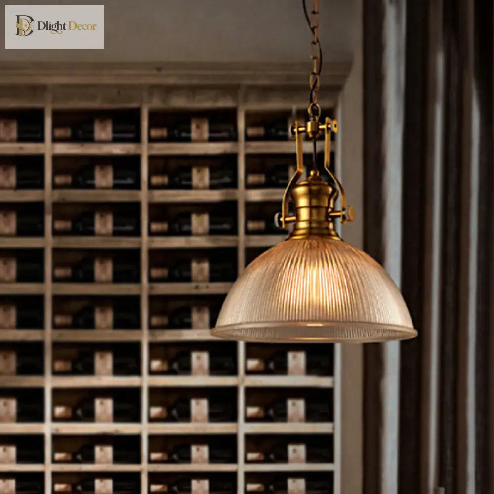 Brass Ribbed Glass Bowl Pendant Light – product view 3