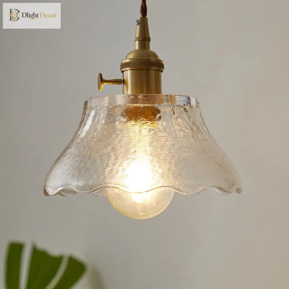 Modern Farmhouse Brass Scalloped 1 - Light Suspension Lamp With Water Glass: Hanging Light